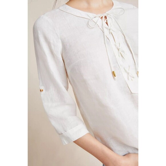 Maeve Anthropologie Women's Marva Lace-Up Linen Tunic Top White Size 0 (XS) Boho - Picture 2 of 8